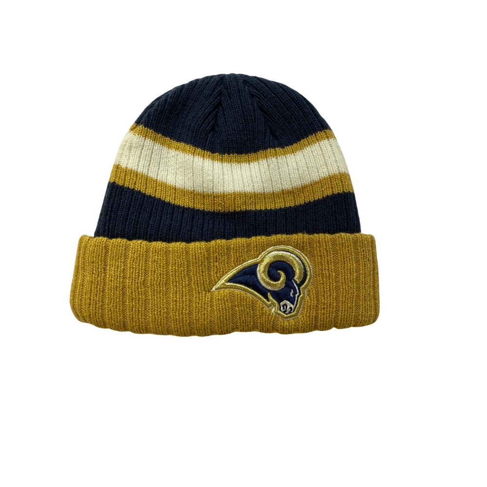 New Era Los Angeles Rams NFL Knit Beanie Hat Cuffed Striped Navy Gold Mens OSFM